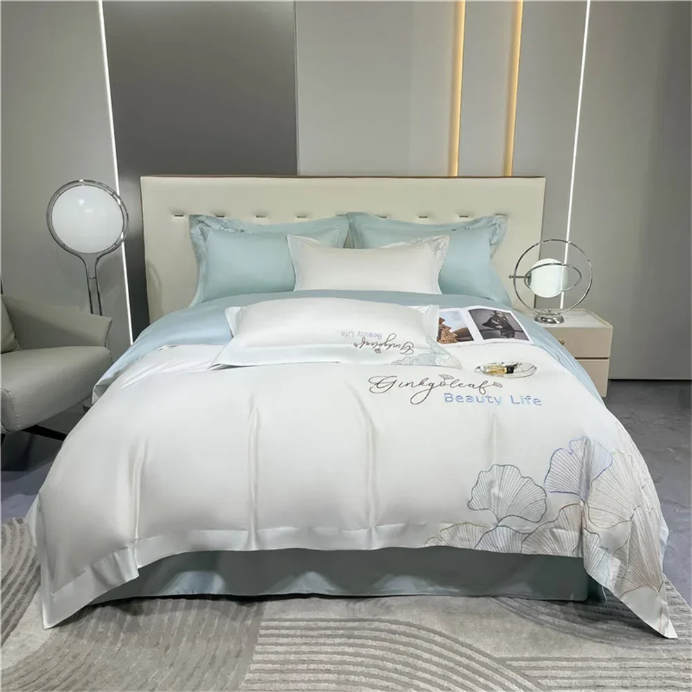 Afralia™ 1200TC Embroidery Egyptian Cotton Bedding Set 4pcs King Queen Solid Sheet Duvet Cover