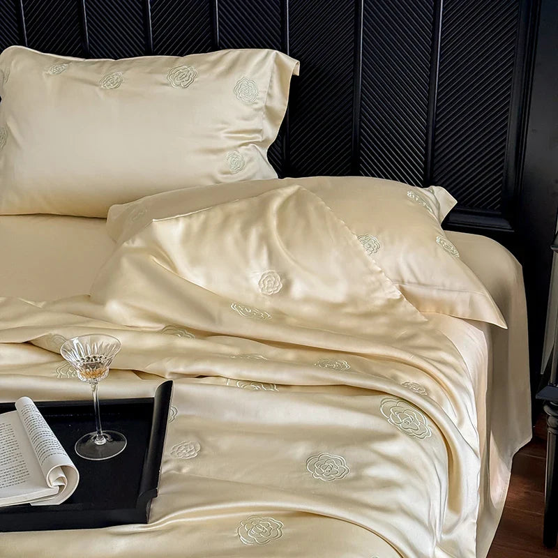 Afralia™ Eucalyptus Fiber Flower Embroidery Quilt Set with Bed Sheet & Pillowcase