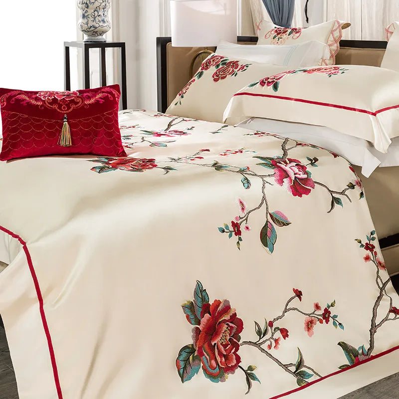 Afralia™ 200S Embroidery Egyptian Cotton Bedding Set - Queen King Linens