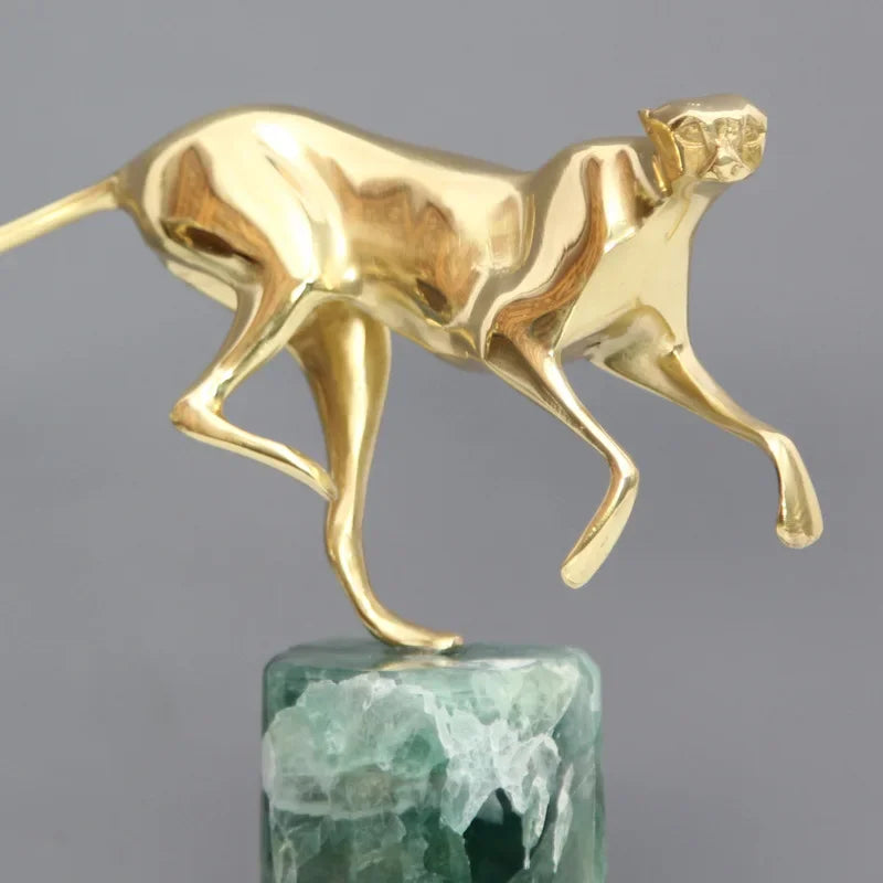 Afralia™ Golden Leopard Brass Cheetah Figurine Green Marble Base Metal DecorAccessory