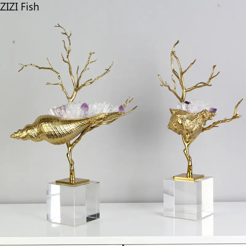 Afralia™ Golden Conch Metal Sculpture Decorative Figurine Artwork for Modern Home Decor