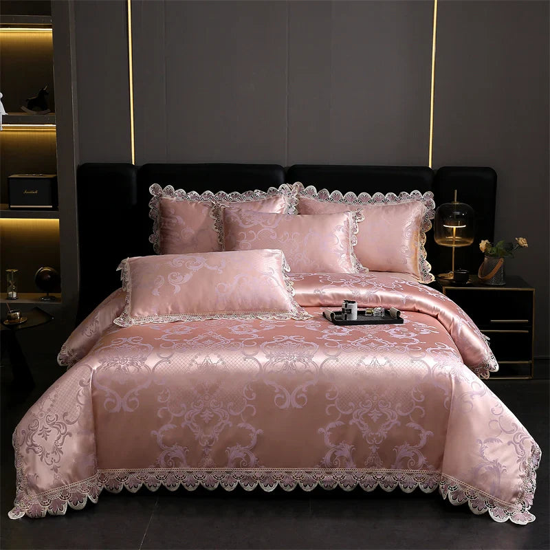 Afralia™ Golden Jacquard Cotton Lace Bedding Set - Silky Soft Duvet Cover, Flat Sheet, Pillowcase