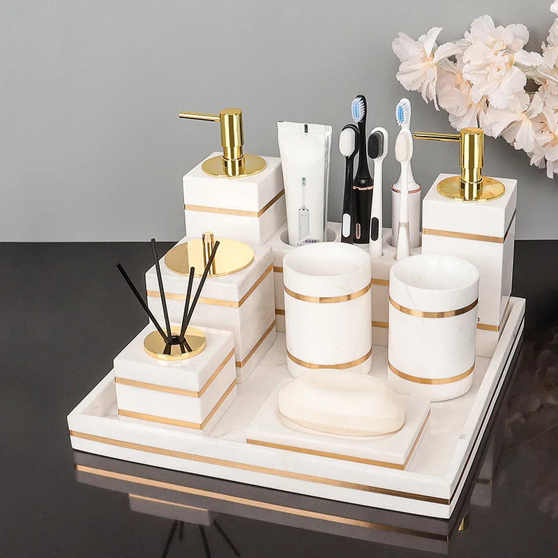Afralia™ Volakos White Marble Bathroom Set with Golden Accents