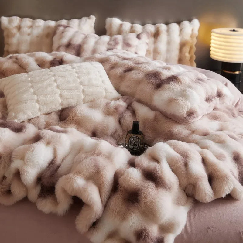 Afralia™ Gradient Blue & Grey Faux Rabbit Fur Bedding Set: Velvet Fleece Duvet, Sheets, Pillowcases