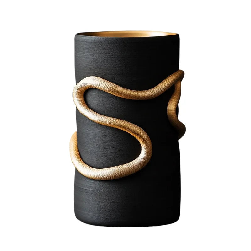 Afralia™ Black Snake Pattern Vase with Gold Accents