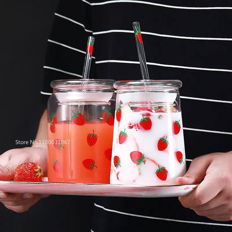 Afralia™ Glass Cup Set with Lip Straws for Cold Drinks, Handmade, 600ml Strawberry Flavor