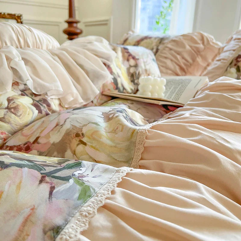 Afralia™ Vintage Floral Print Cotton Bedding Set with Ruffles & Pleats