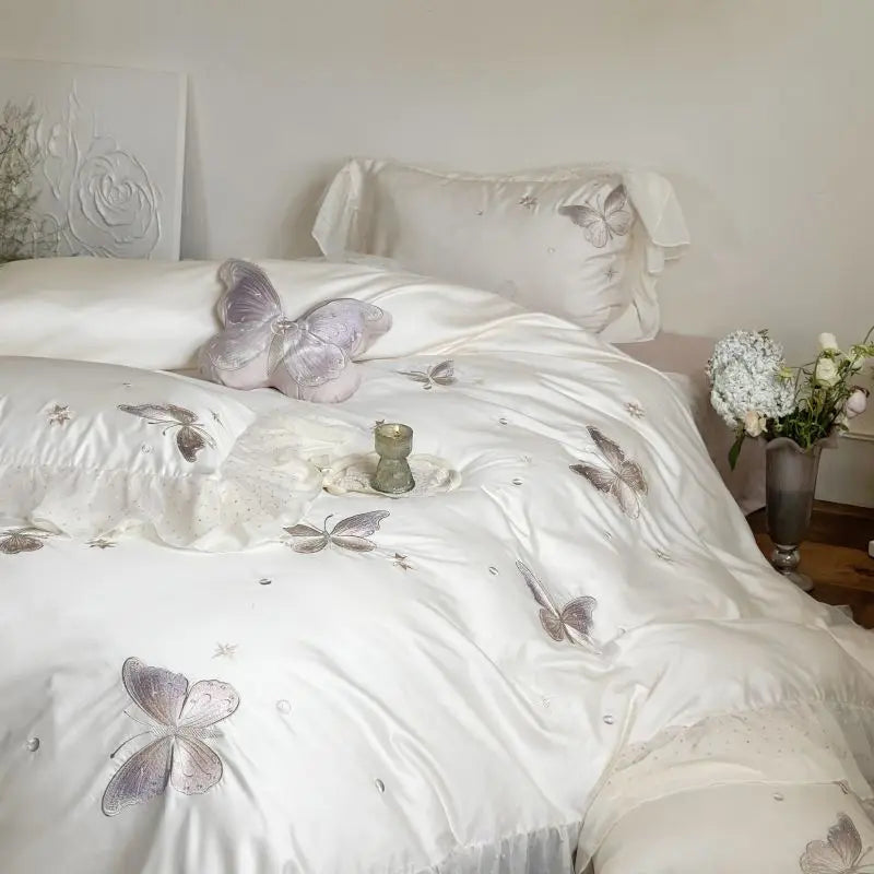 Afralia™ Butterfly Lace Ruffles Embroidery Bedding Set 4Pcs
