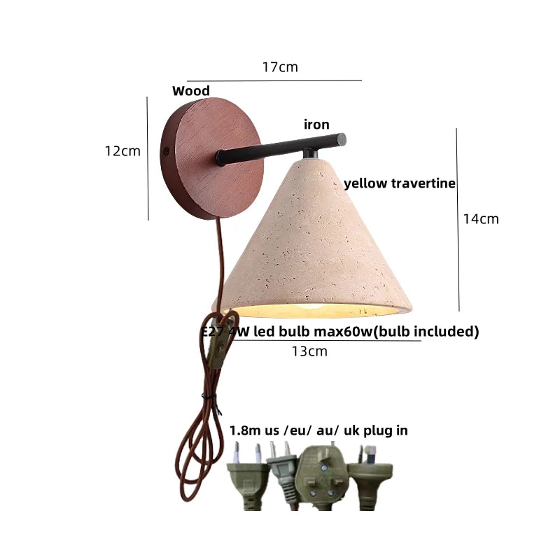 Afralia™ LED Yellow Travertine Wall Light with Wood Pull Chain Switch and Iron Frame