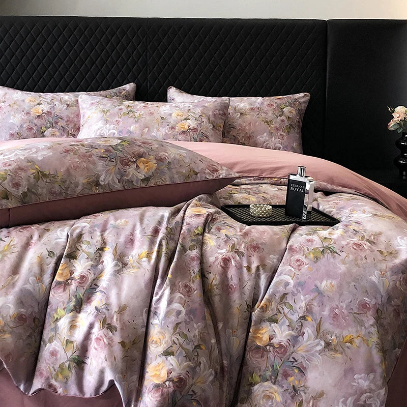 Afralia™ 1000TC Vintage Flowers Print Bedding Set with Duvet Cover, Sheet, Pillowcases