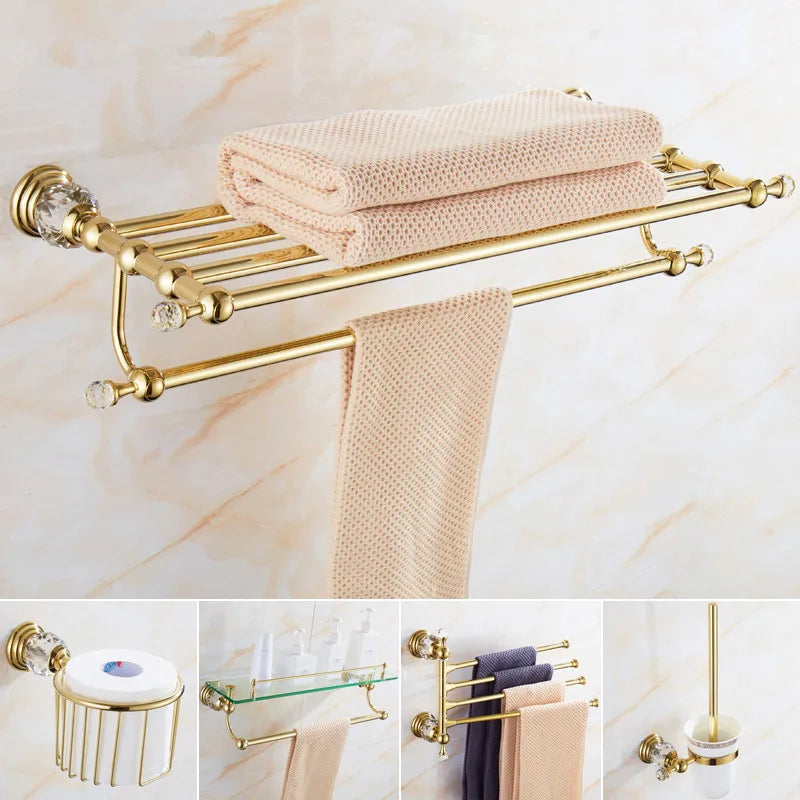 Afralia™ Brass and Crystal Bathroom Accessories Set: Shelf, Robe Hook, Paper Holder, Brush Holder