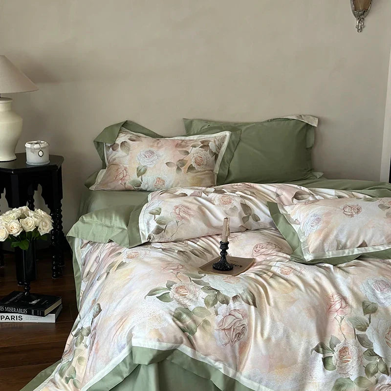 Afralia™ Egyptian Cotton French Rose Flower Print Bedding Set with Vintage Charm