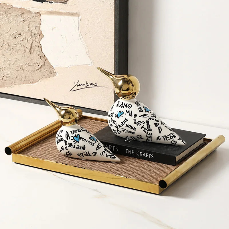 Afralia™ Sparrow Ceramic Ornament Gold Beak Abstract Pattern Decoration