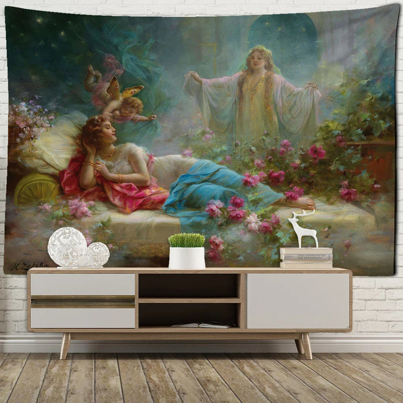 Afralia™ Angels & Beauty Misty Oil Painting Tapestry Wall Hanging for Room Decor