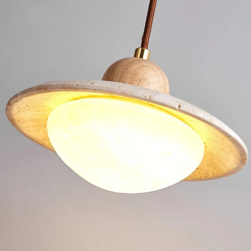 Afralia™ LED Pendant Lights Yellow Travertine Wood Hanging Lamp for Bedroom Dining Room