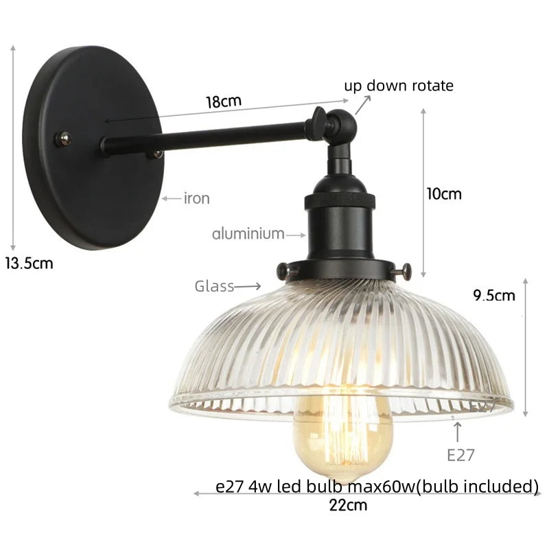 Afralia™ Black LED Wall Lamp Vintage Style Iron Bedside Light Glass Wall Sconce