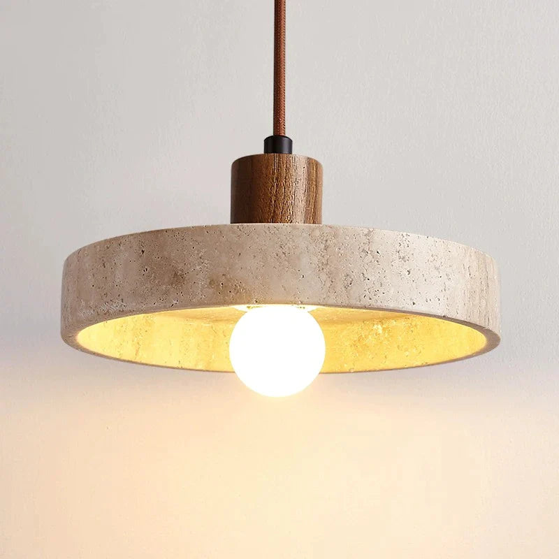 Afralia™ Cream Style Wood Walnut Stone Pendant Light for Bedroom, E27 Bulb