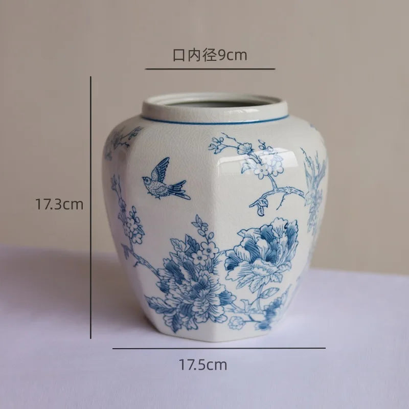 Afralia™ Blue White Porcelain Vase Vintage Ceramic Flower Home Decor Jar