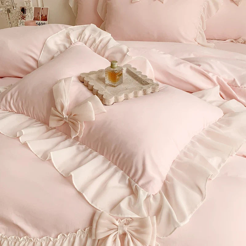 Afralia™ Pink French Princess Lace Ruffle Bow Bedding Set - Single Queen King