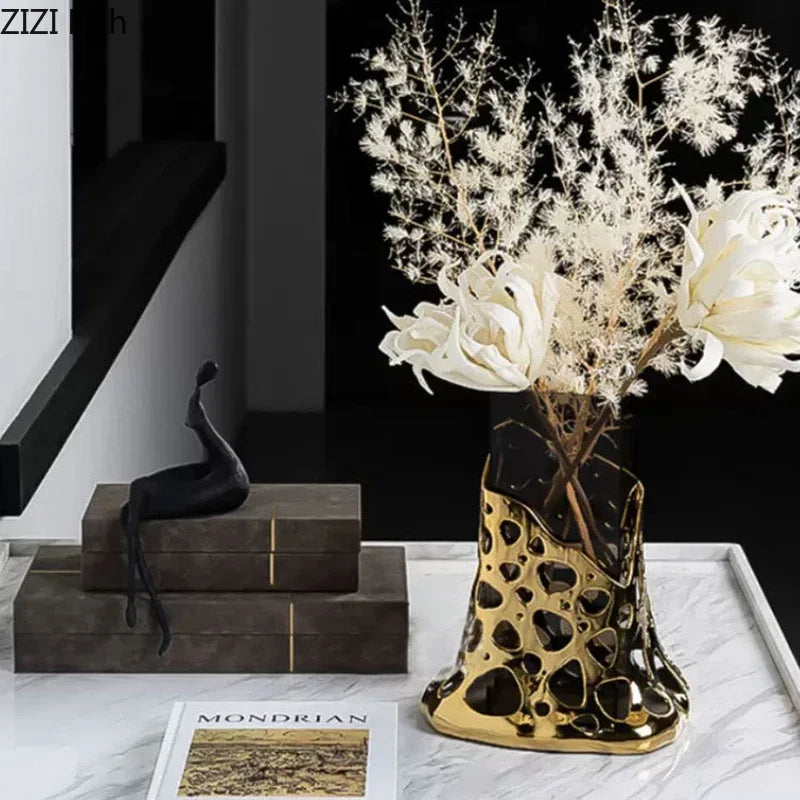 Afralia™ Gold Plated Hollowed Vase for Desk Decoration and Floral Arrangement