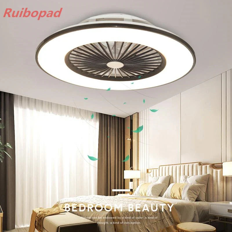 Afralia™ Modern Black 56cm Round Ceiling Fan with LED Light and Remote Control