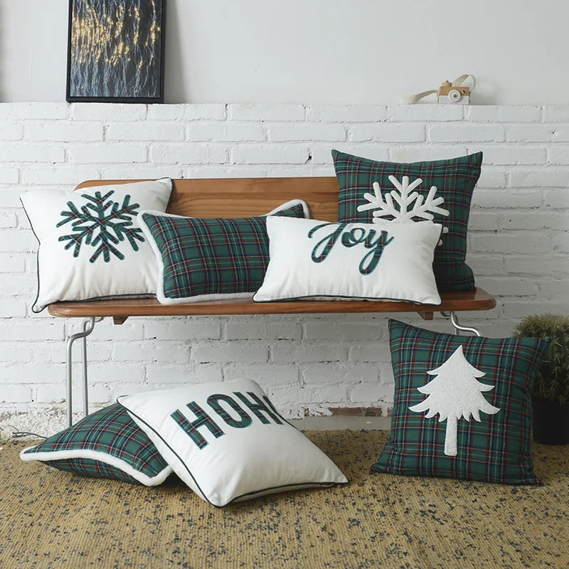 Afralia™ Christmas Plaid Cotton Cushion Cover with Letter Snowflake Embroidery