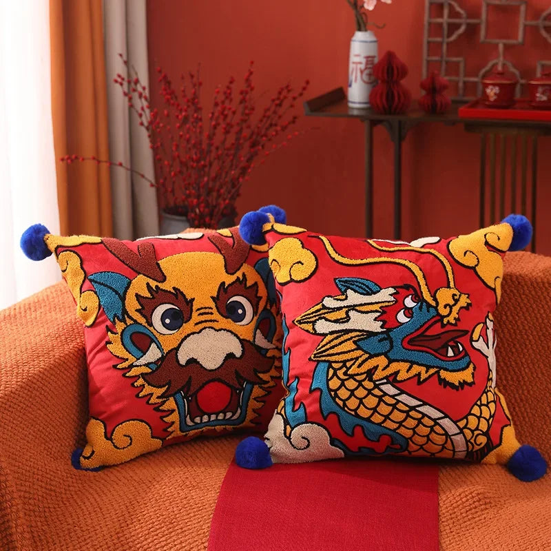 Afralia™ Chinese Dragon Embroidered Cushion Cover: Festive New Year Home Decor Pillow Case