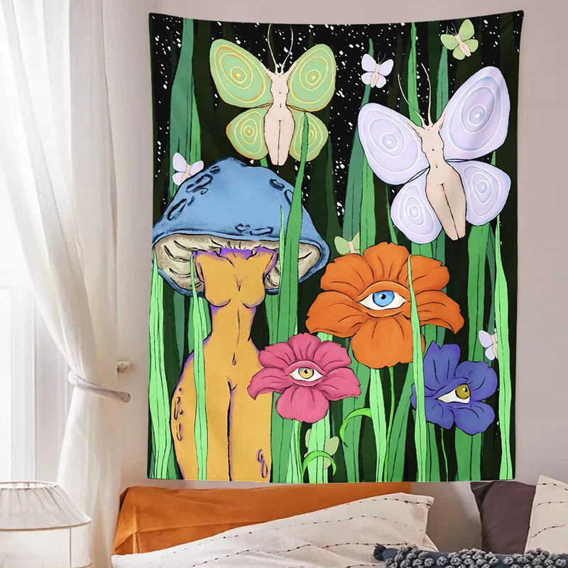 Afralia™ Psychedelic Mushroom Girl Botanical Floral Tapestry Wall Hanging