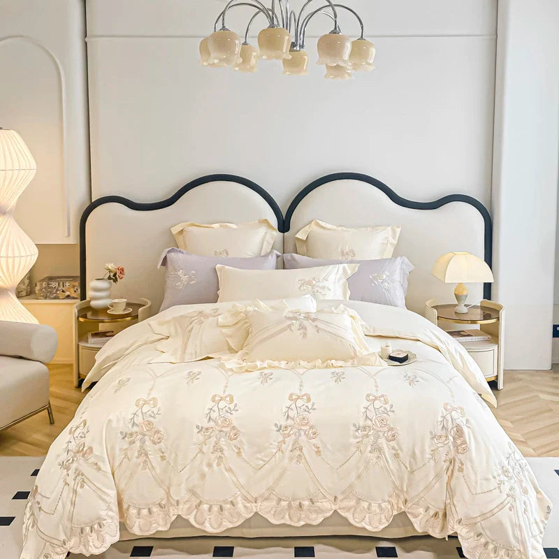 Afralia™ Rose Flower Embroidered 1000TC Egyptian Cotton Bedding Set