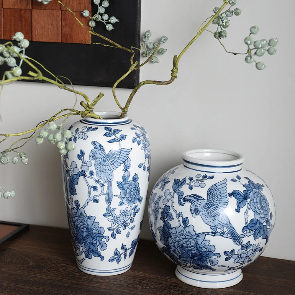 Afralia™ Blue White Porcelain Vase Chinese Retro Flower Arrangement Pot