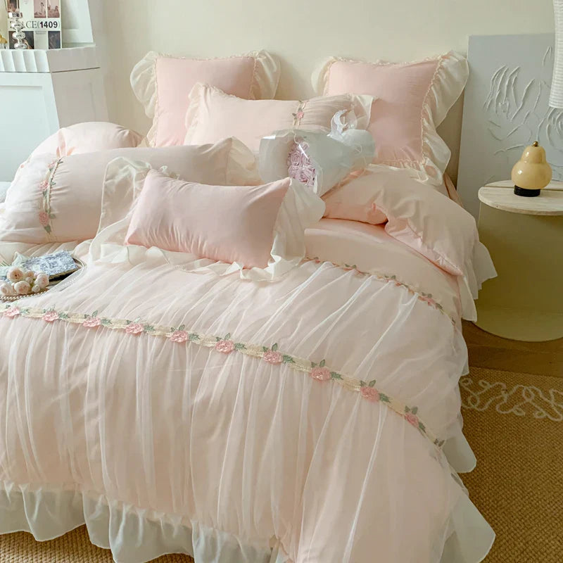Afralia™ Pink French Princess Lace Ruffles Bedding Set with Pillowcases & Bed Sheet