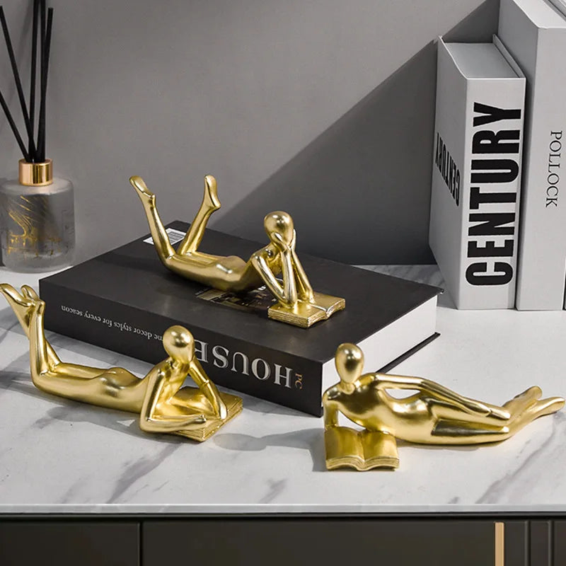 Afralia™ Golden Thinker Reader Man Resin Figure: Abstract Home Decor Figurine