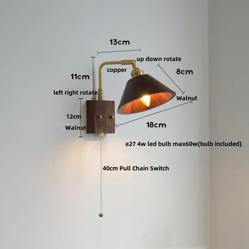 Afralia™ Walnut Wood LED Wall Lamp Sconce with Pull Chain Switch Rotation Mirror Light