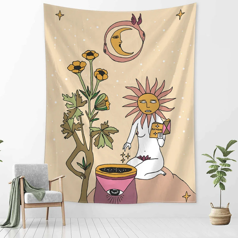 Afralia™ Botanical Girl Tarot Astrology Tapestry Wall Hanging for Boho Wicca Aesthetic Decor