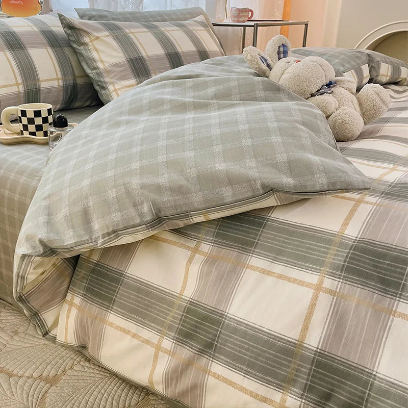 Afralia™ Pure Cotton Striped Bedding Set Duvet Cover Fitted Sheet Kit for Single/Double