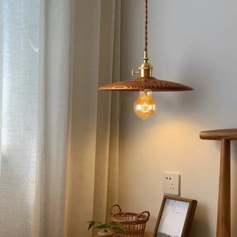 Afralia™ Nordic Wood LED Pendant Lights Vintage Copper Hanging Lamp for Kitchen Living Room