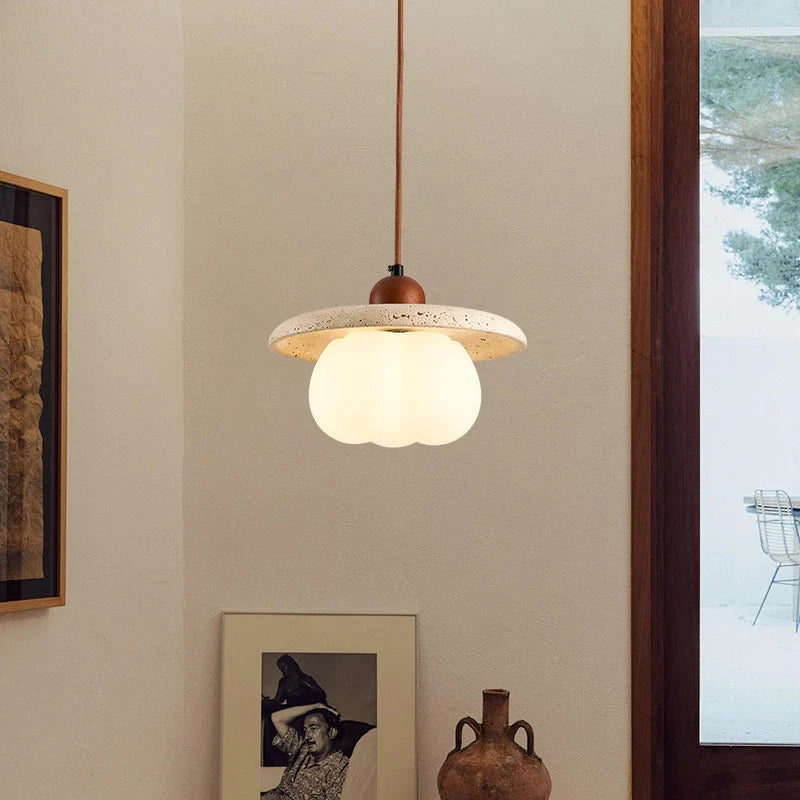 Afralia™ Pumpkin Glass Pendant Lights Yellow Travertine Hanging Lamp for Kitchen Bedroom Decor