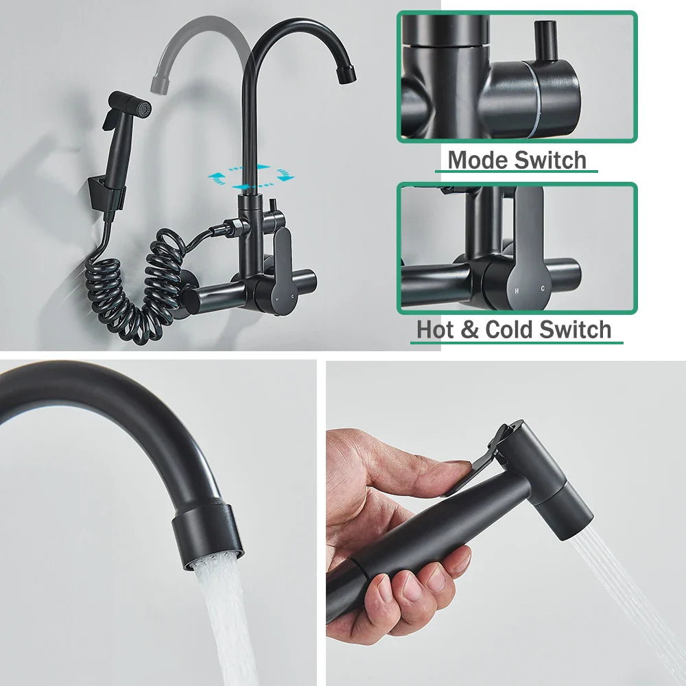 Afralia™ Black SUS 304 Wall Mounted Gourmet Kitchen Faucet with Extendable Bidet