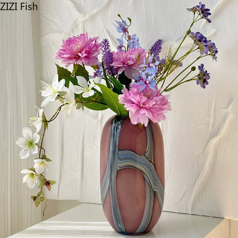 Afralia™ Striped Glass Vase Desk Decoration with Artificial Flowers