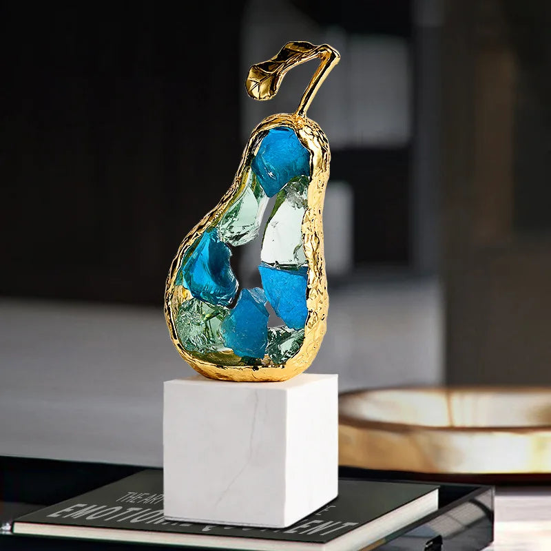 Afralia™ Crystal Fruit Sculpture Set: Golden Apple & Pear Handicrafts for Home Decoration