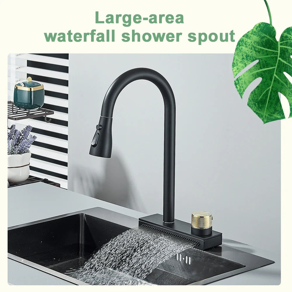 Afralia™ Black Rainwater Kitchen Faucet Flexible Pull Out 3 Way Nozzle Mixer Tap