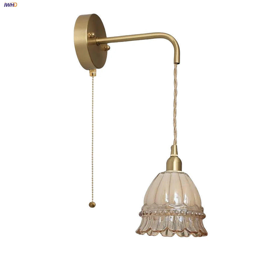 Afralia™ Amber Glass LED Wall Light Pull Chain Switch Modern Flower Sconce