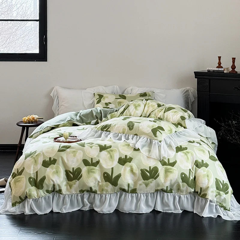 Afralia™ Lace Ruffles Princess Cotton Bedding Set, Floral Quilt Cover, Girls Wedding Home Textiles