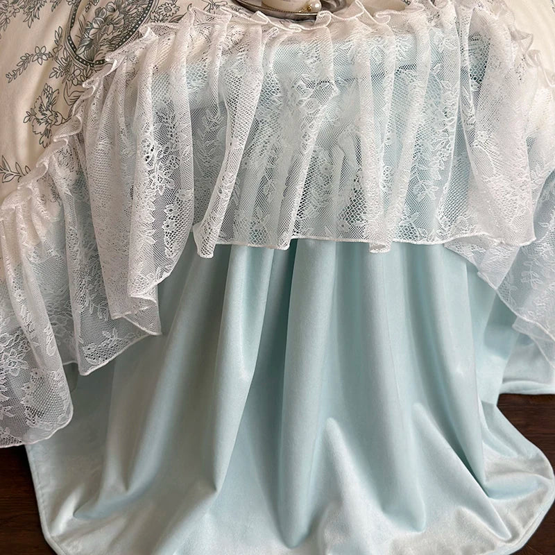 Afralia™ French Lace Ruffles Princess Bedding Set with Milk Velvet Quilt Cover & Pillowcases