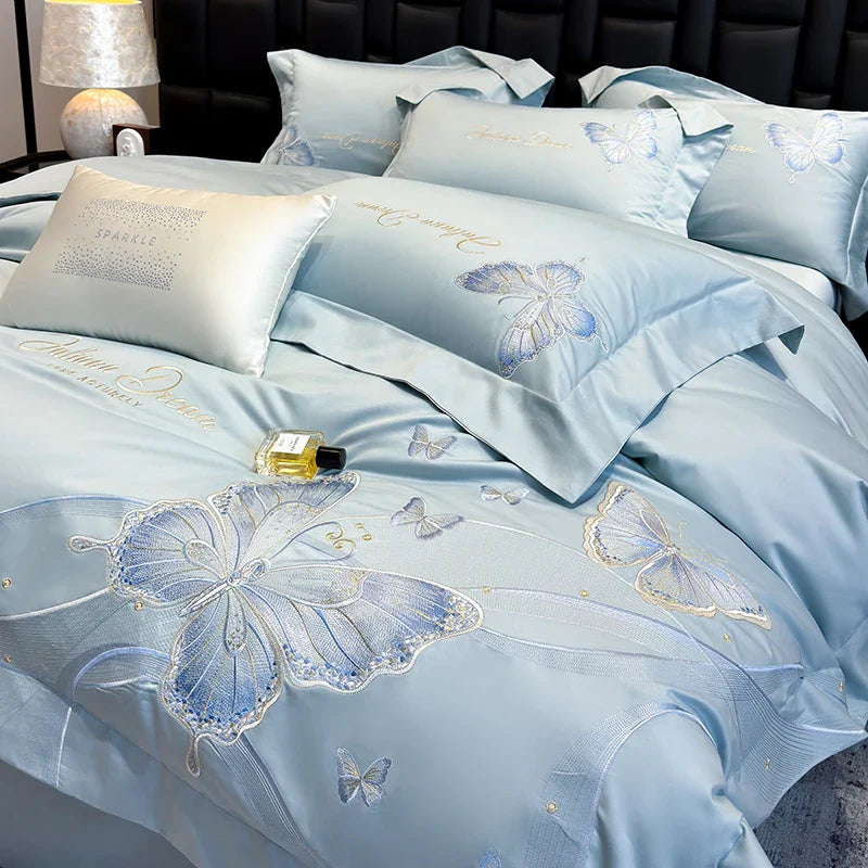 Afralia™ Butterfly Embroidery 100% Egyptian Cotton Bedding Set with Luxury Duvet Cover