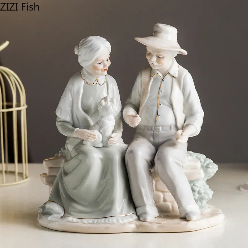 Ceramic Old Couple Sculpture Statue Home Decor Gift from Afralia™