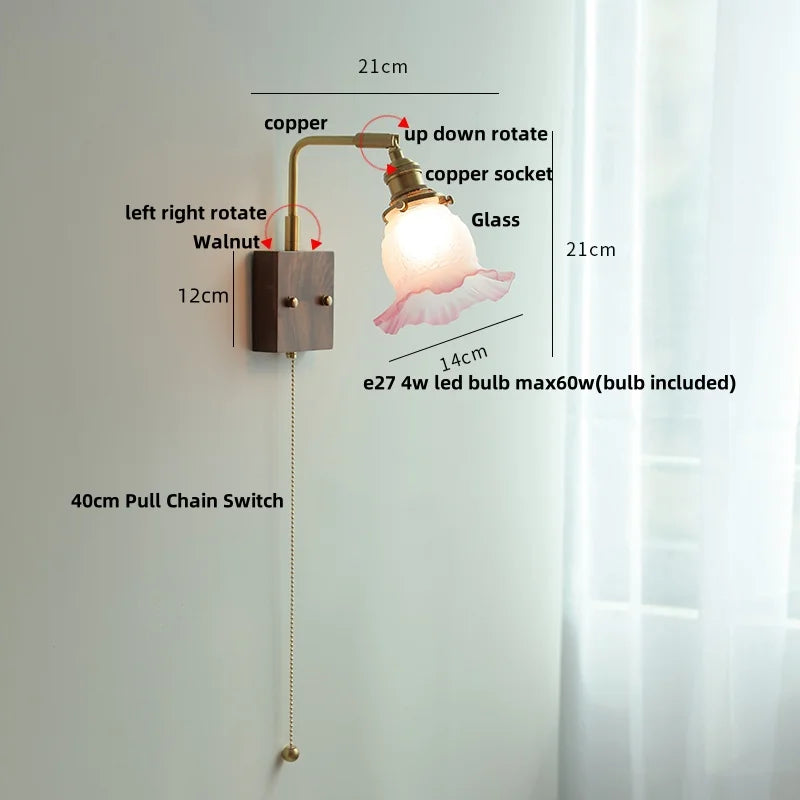 Afralia™ White Glass LED Wall Light Fixture Walnut Wood Brass Pull Chain Switch