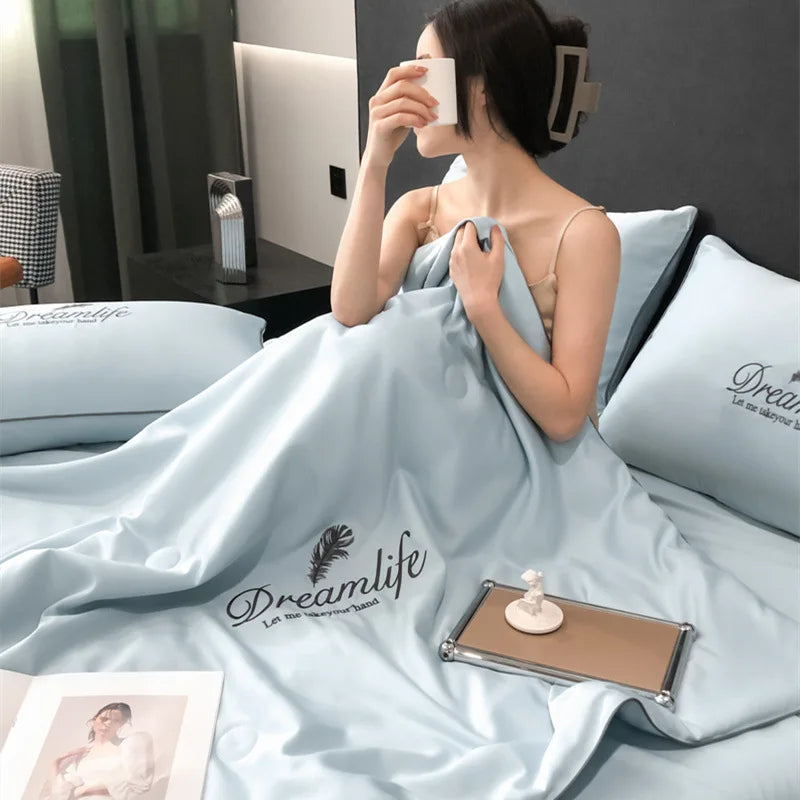 Afralia™ Silky Embroidery Cooling Quilt Set for Cozy Single Double Bed Comfort.