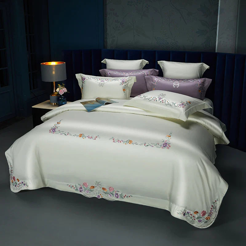Afralia™ Floral Embroidered Luxury Bedding Set - 100S Egyptian Cotton