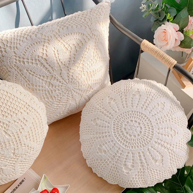 Afralia™ Crochet Cushion Cover Handmade Woven Pillow Case 40*40cm Square Circular Decorative Pillows